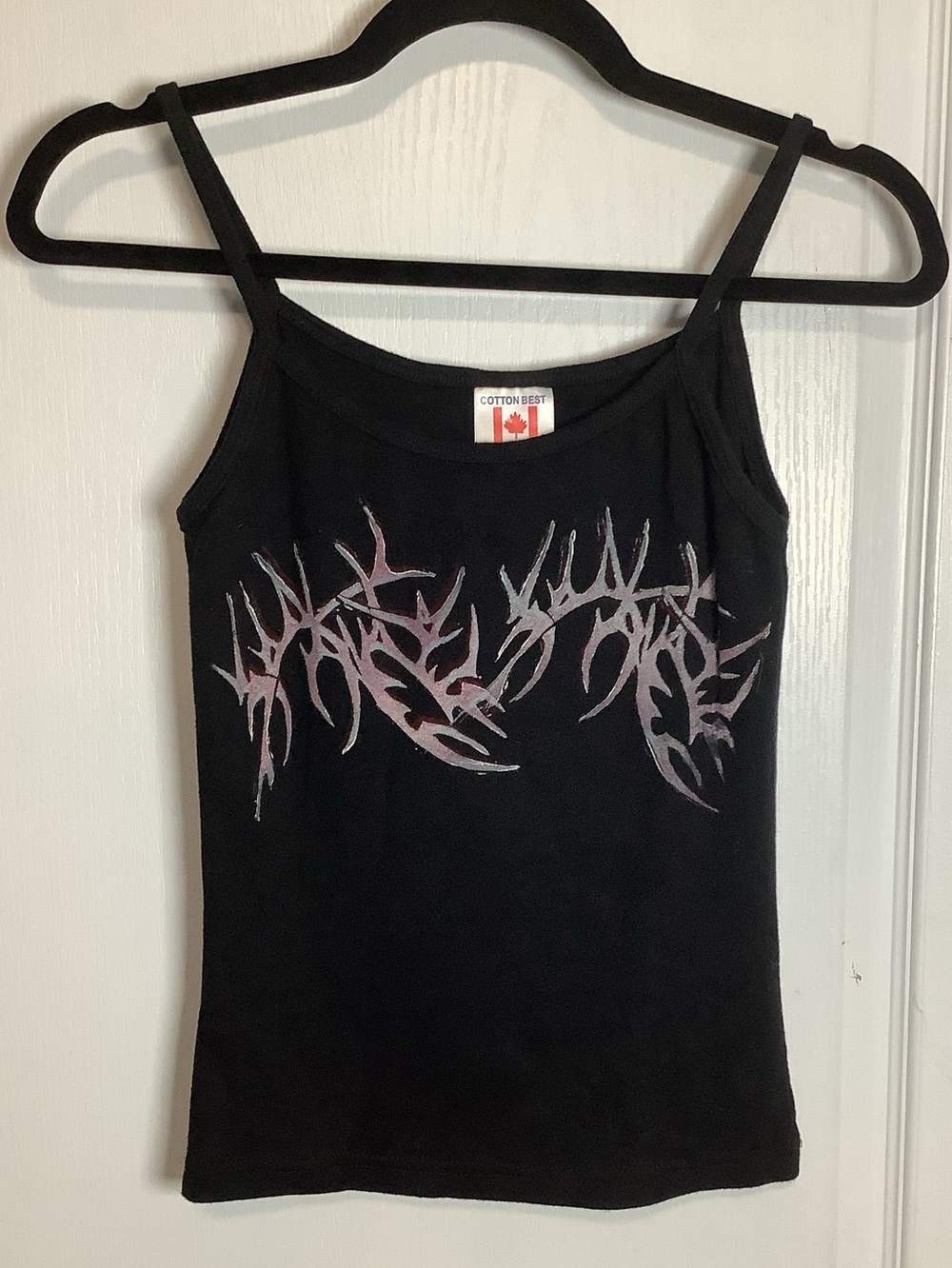 Y2K Black Spaghetti Strap Tank with Pink Tribal Print